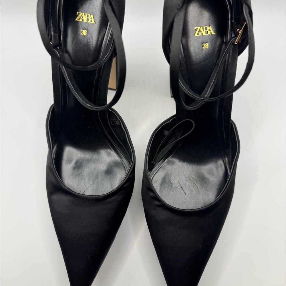 Zara Black Satin Ankle Strap Heels Pumps Pointed Toe 8 (38) - Picture 5 of 9